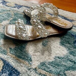 Sam Edelman Silver Pearl-Embellished Slide Sandals